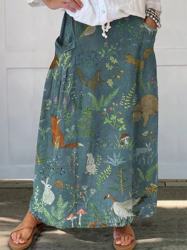 Dames Retro Bloemen Dieren Kunst Casual Linnen Pocket Rok