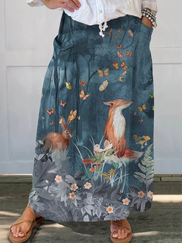 Vrouwen Vintage Bloemen Dieren Kunstprint Casual Linnen Pocket Rok