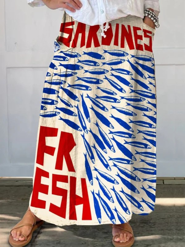 Vrouwen Vintage Vis Sardines Kunstafdruk Linnen Pocket Rok