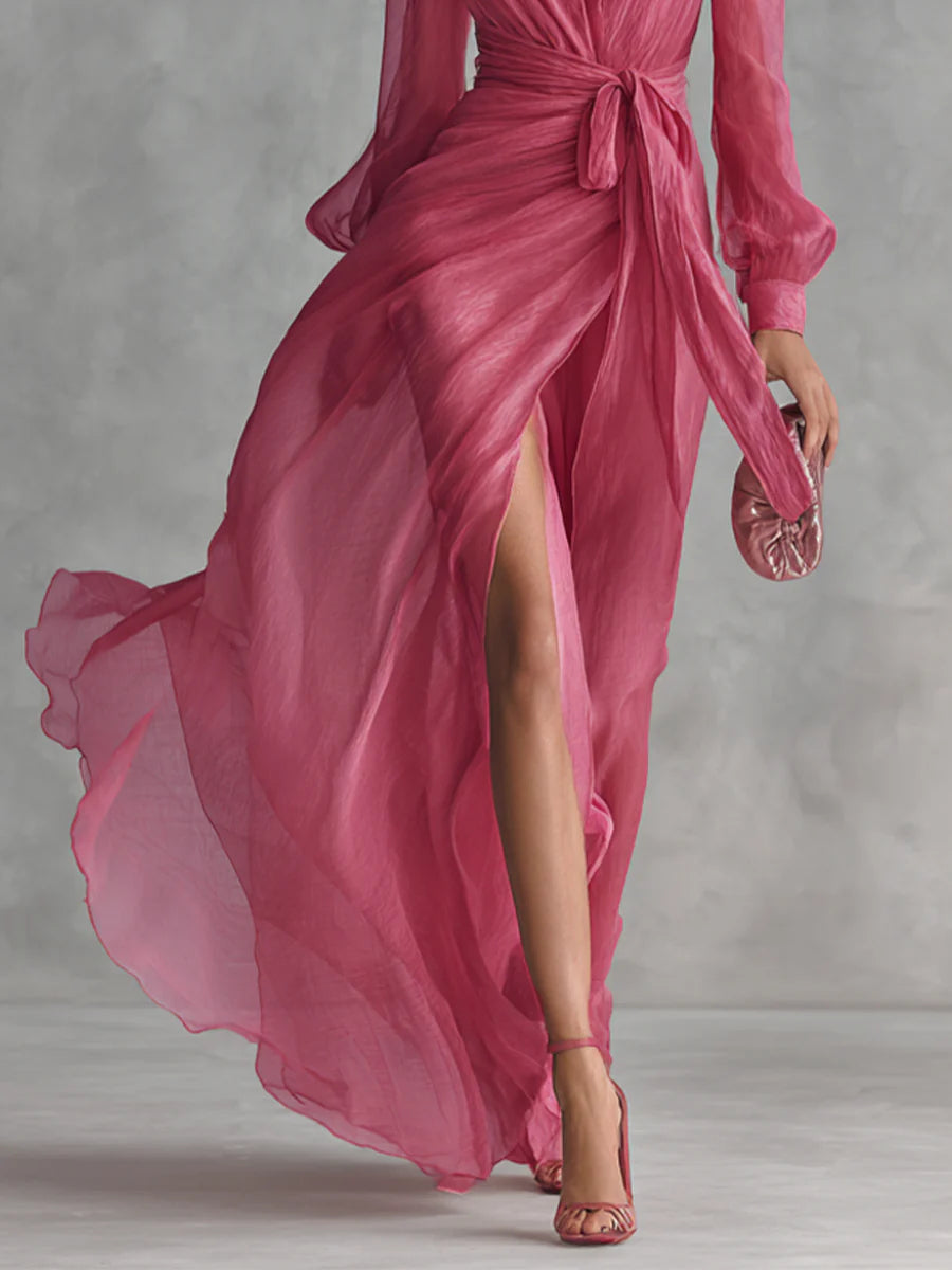 Alexis - Elegante Roze Chiffon V-hals Taille-tie Lange Jurk