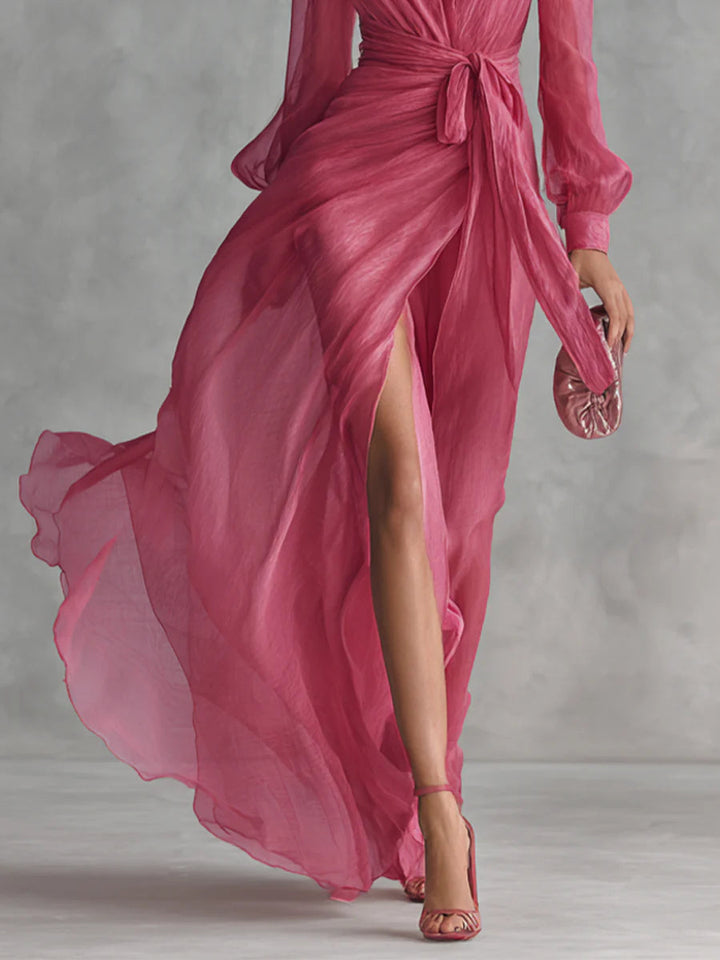 Alexis - Elegante Roze Chiffon V-hals Taille-tie Lange Jurk
