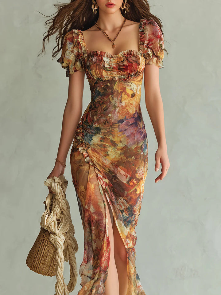 Aria - Lange oranje chiffon jurk met bohemian-stijl olieverfschilderijprint