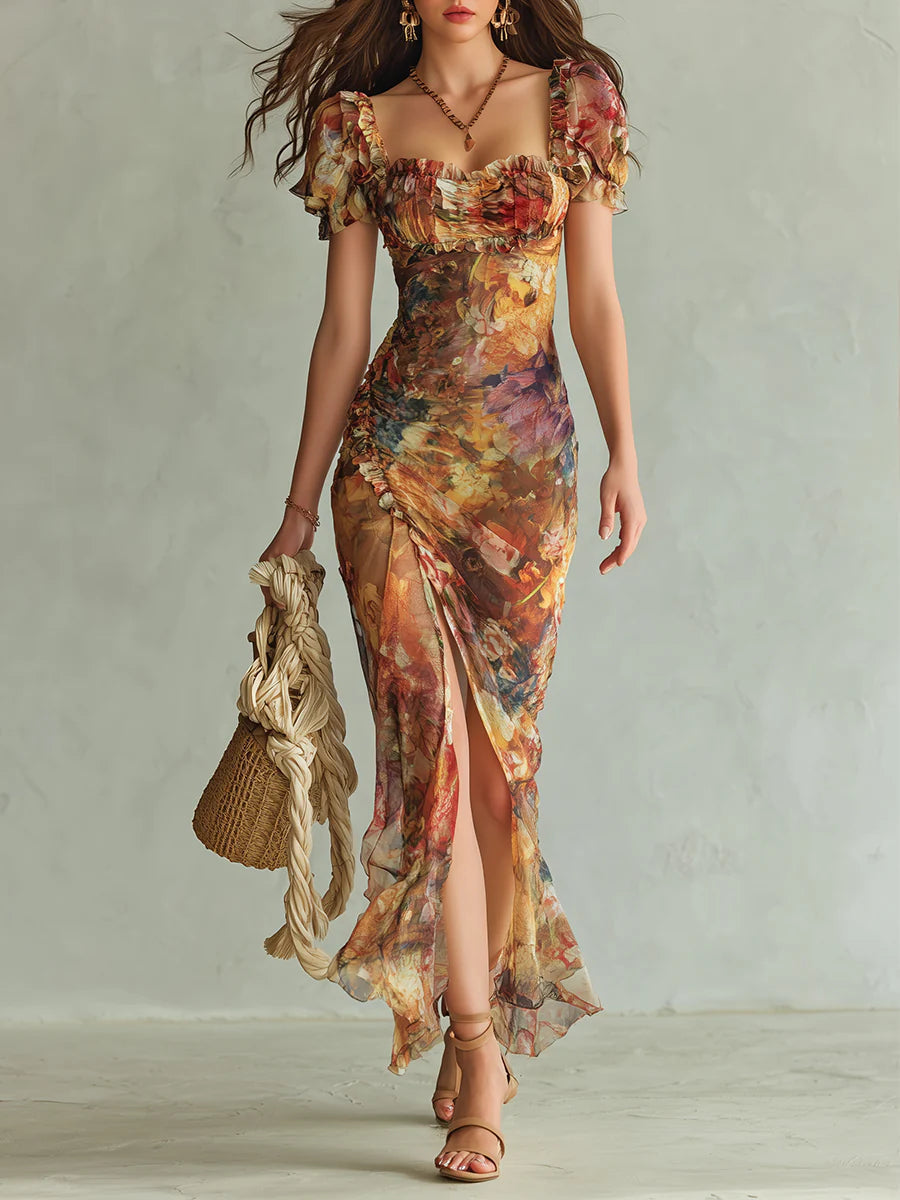 Aria - Lange oranje chiffon jurk met bohemian-stijl olieverfschilderijprint