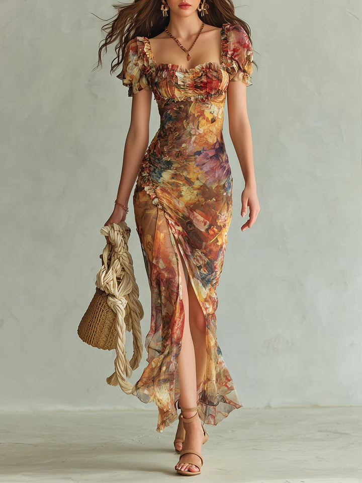 Aria - Lange oranje chiffon jurk met bohemian-stijl olieverfschilderijprint