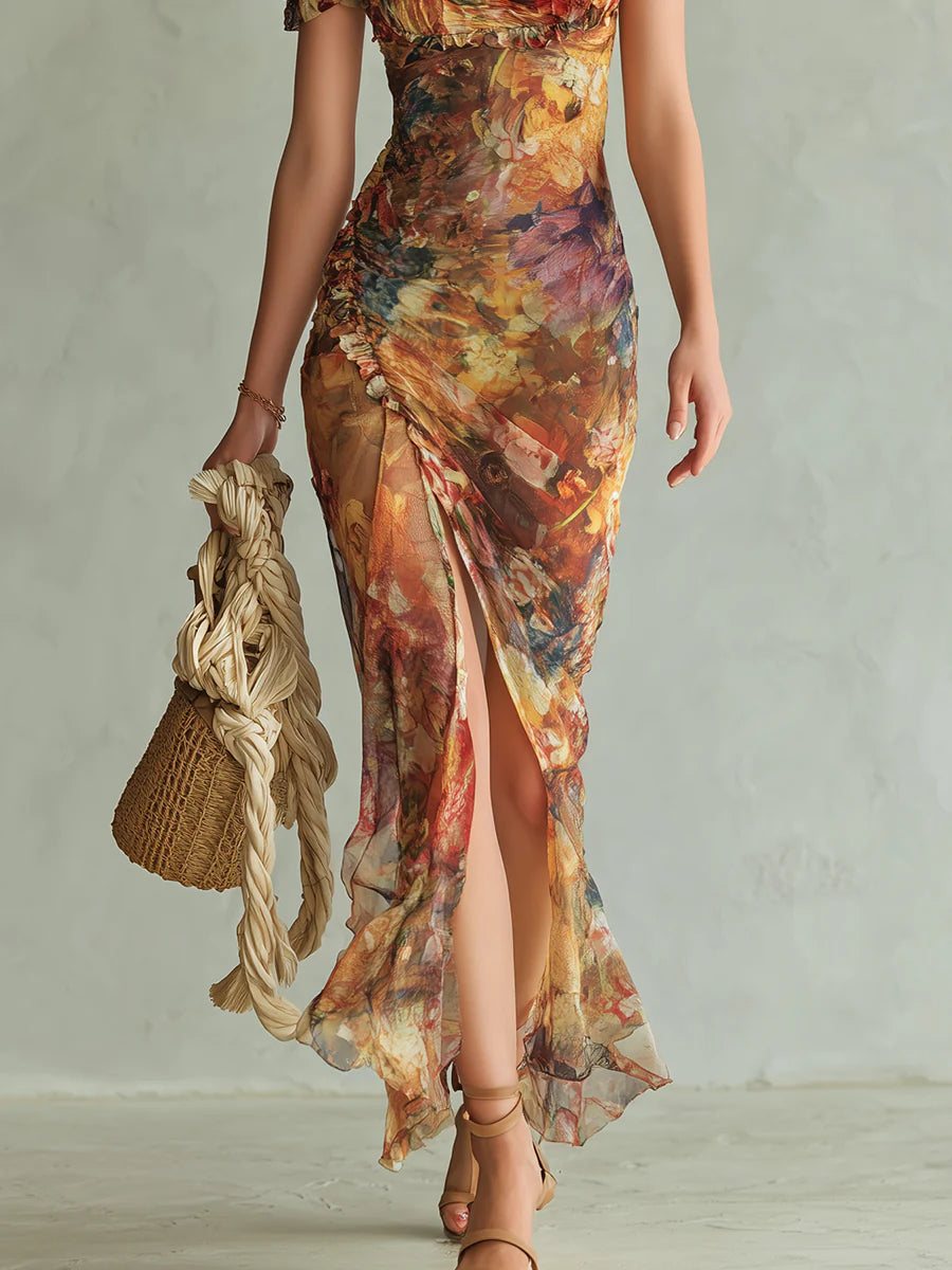 Aria - Lange oranje chiffon jurk met bohemian-stijl olieverfschilderijprint