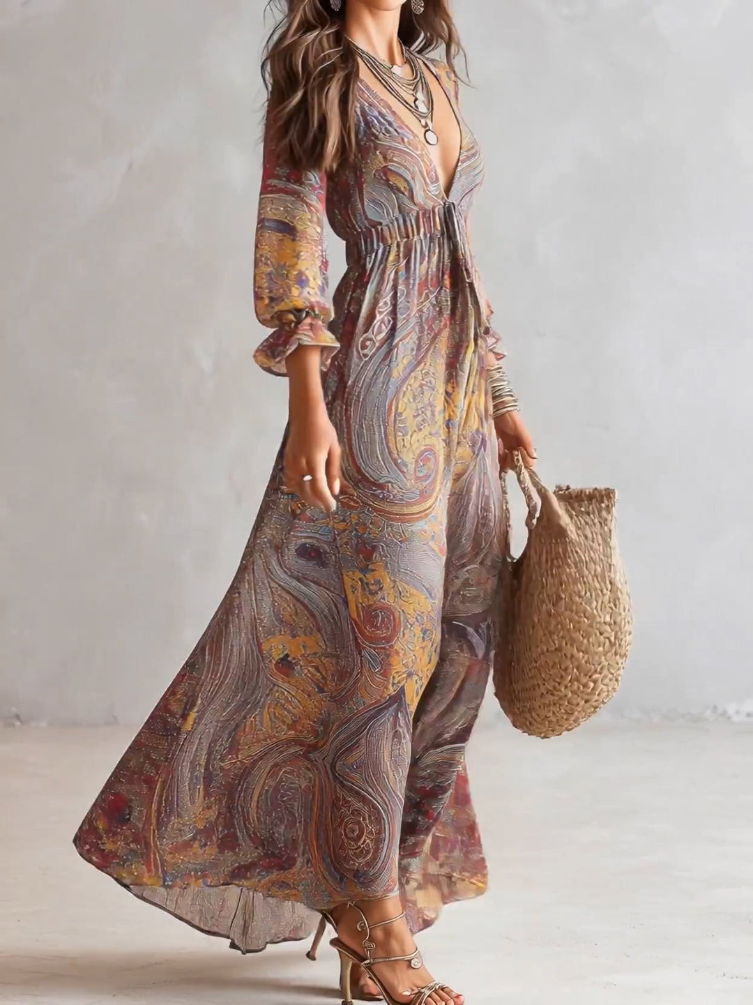 Natalie - Paisley Print V-hals Gathered Chiffon Maxi Jurk