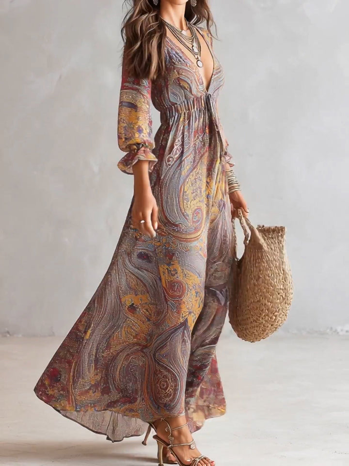 Natalie - Paisley Print V-hals Gathered Chiffon Maxi Jurk