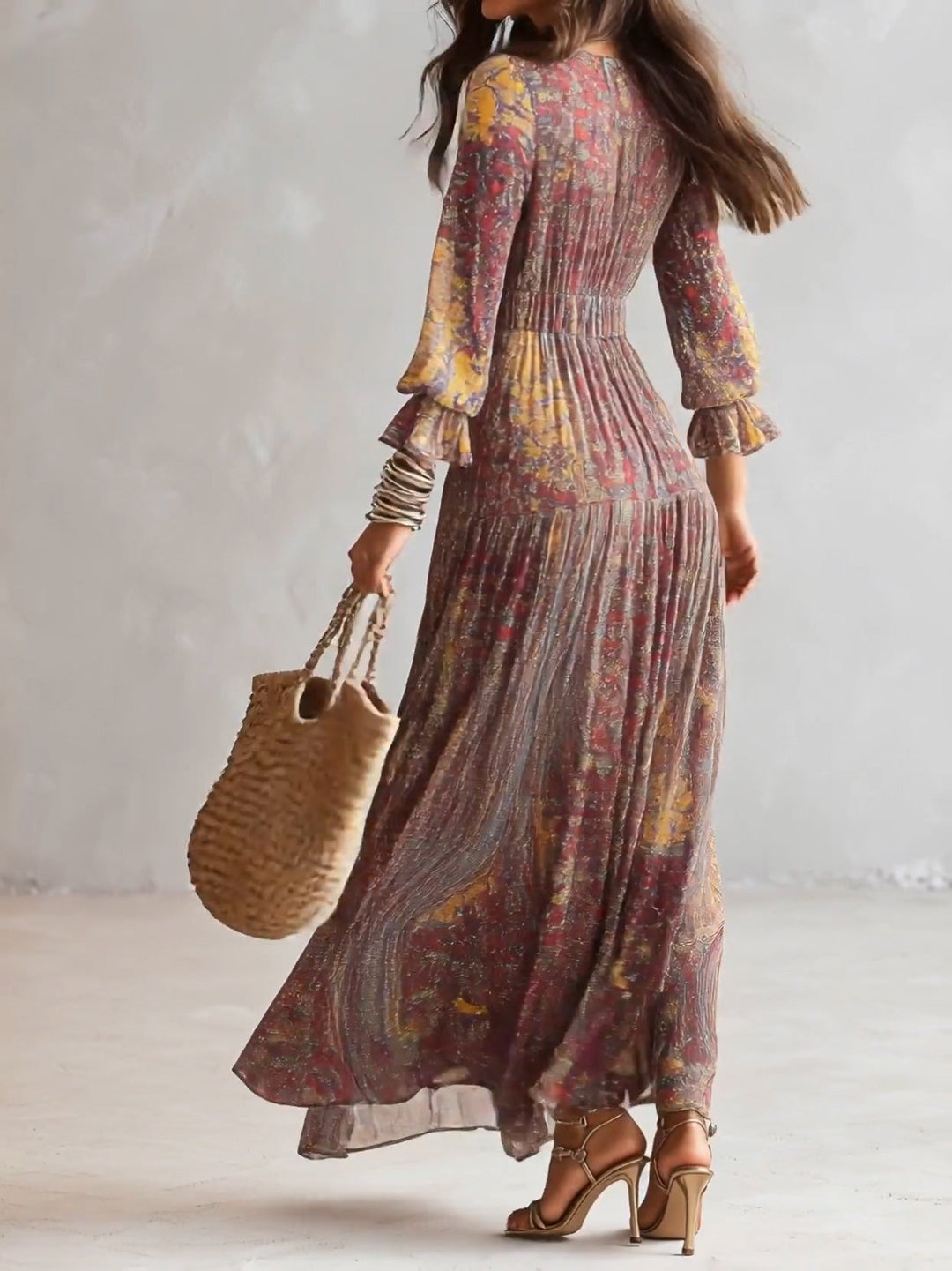 Natalie - Paisley Print V-hals Gathered Chiffon Maxi Jurk
