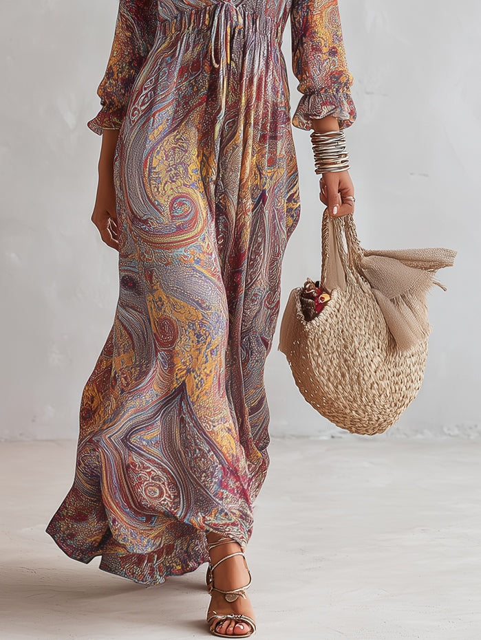 Natalie - Paisley Print V-hals Gathered Chiffon Maxi Jurk