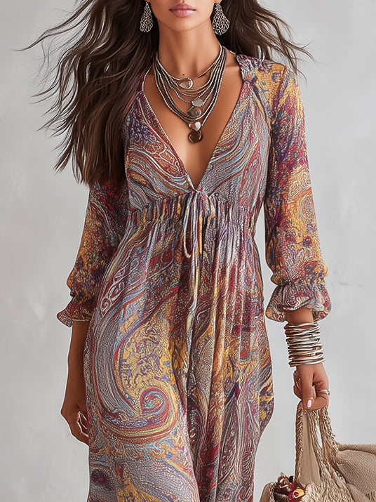 Natalie - Paisley Print V-hals Gathered Chiffon Maxi Jurk