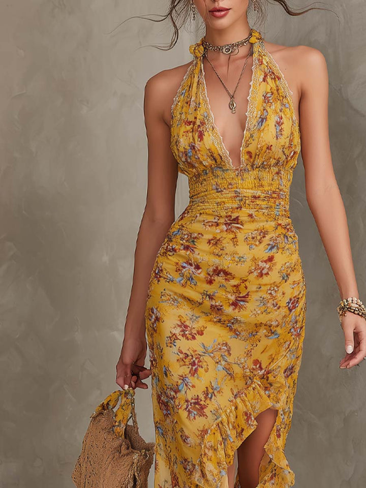Emery - Gember Gele Bloemen Halter Nek Aansluitende Taille Chiffon Midi Jurk