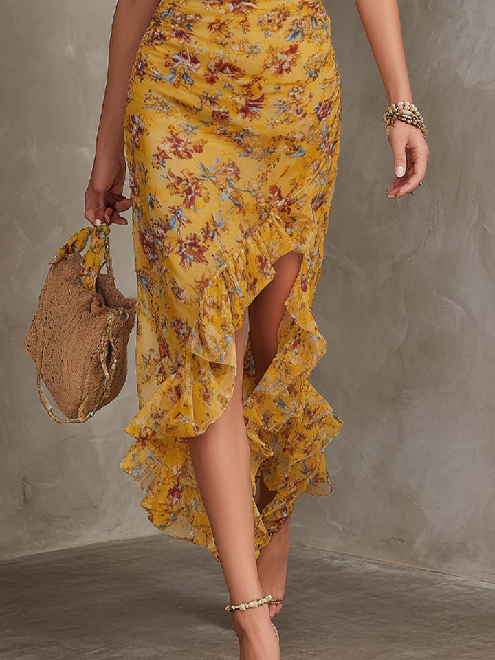 Emery - Gember Gele Bloemen Halter Nek Aansluitende Taille Chiffon Midi Jurk