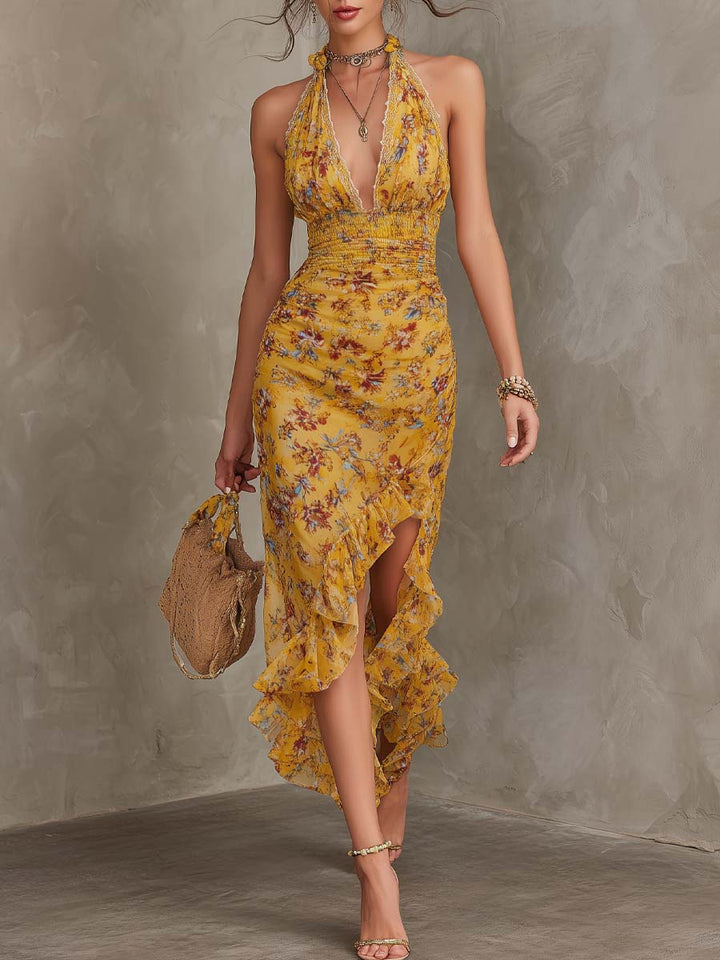 Emery - Gember Gele Bloemen Halter Nek Aansluitende Taille Chiffon Midi Jurk