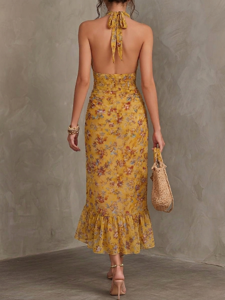 Emery - Gember Gele Bloemen Halter Nek Aansluitende Taille Chiffon Midi Jurk