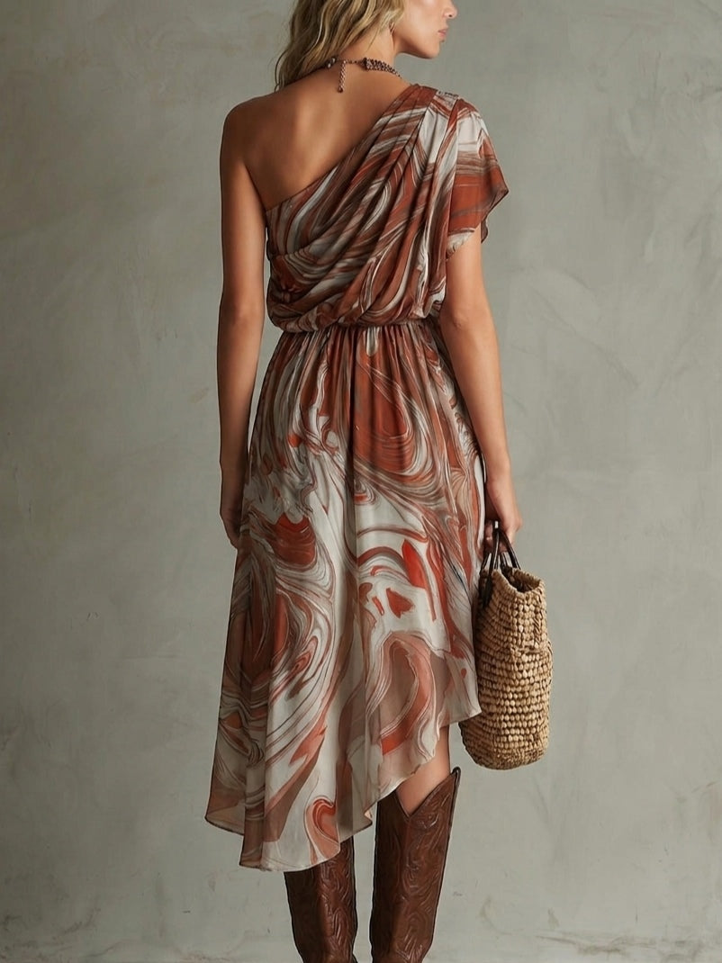Dawn - Boho Eén-schouder Onregelmatig Marmer Abstracte Print Chiffon Midi Jurk