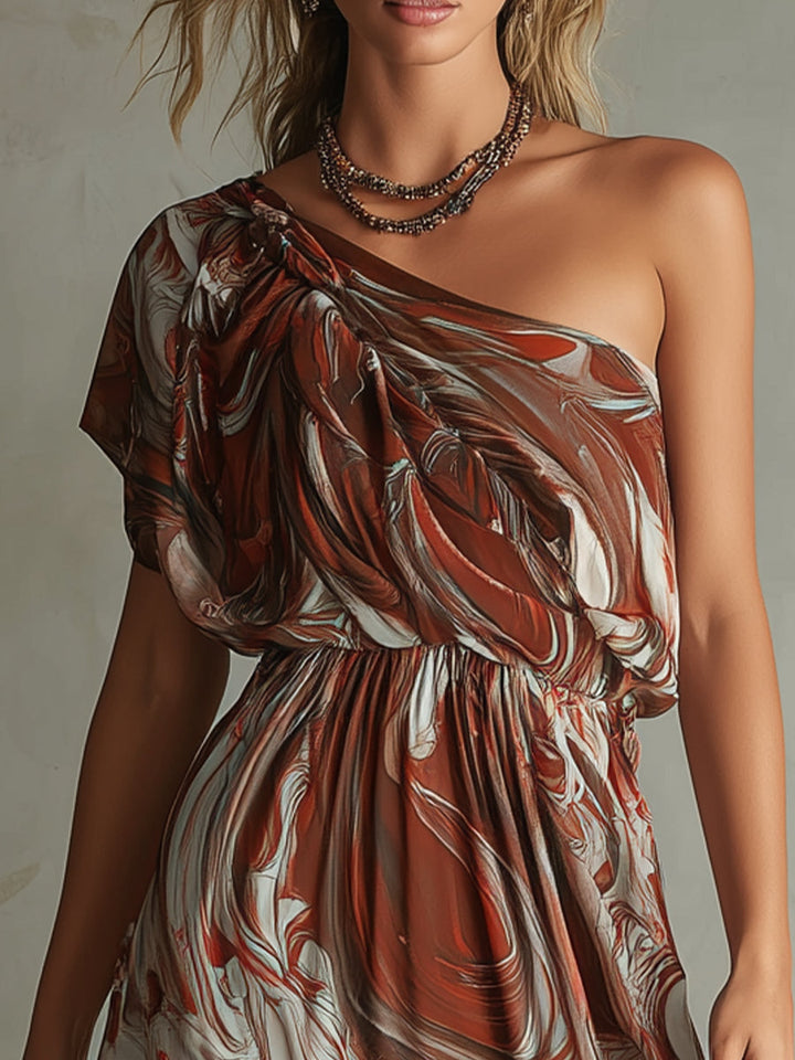 Dawn - Boho Eén-schouder Onregelmatig Marmer Abstracte Print Chiffon Midi Jurk