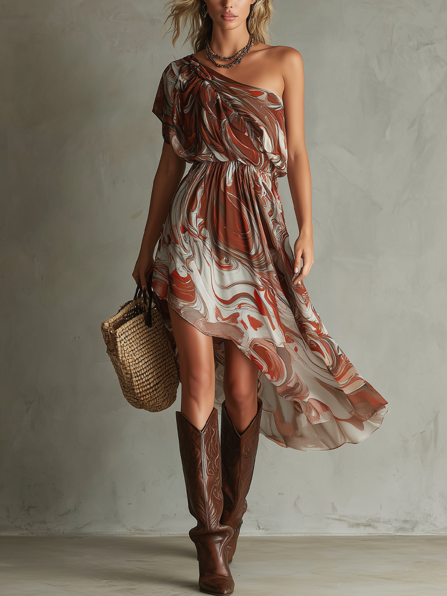 Dawn - Boho Eén-schouder Onregelmatig Marmer Abstracte Print Chiffon Midi Jurk