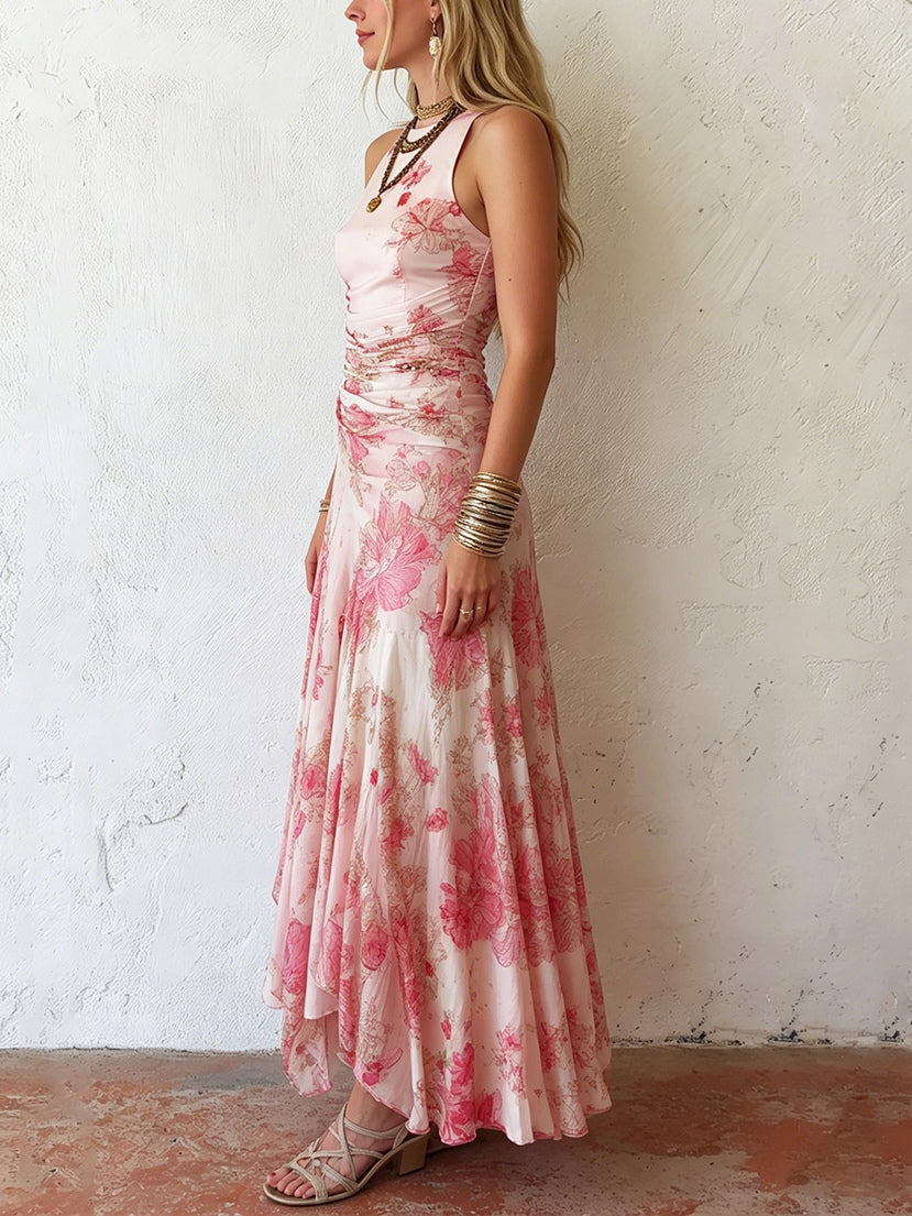 Alexandra - Roze Bloemen Chiffon Geplooide Print Mouwloze Midi Jurk