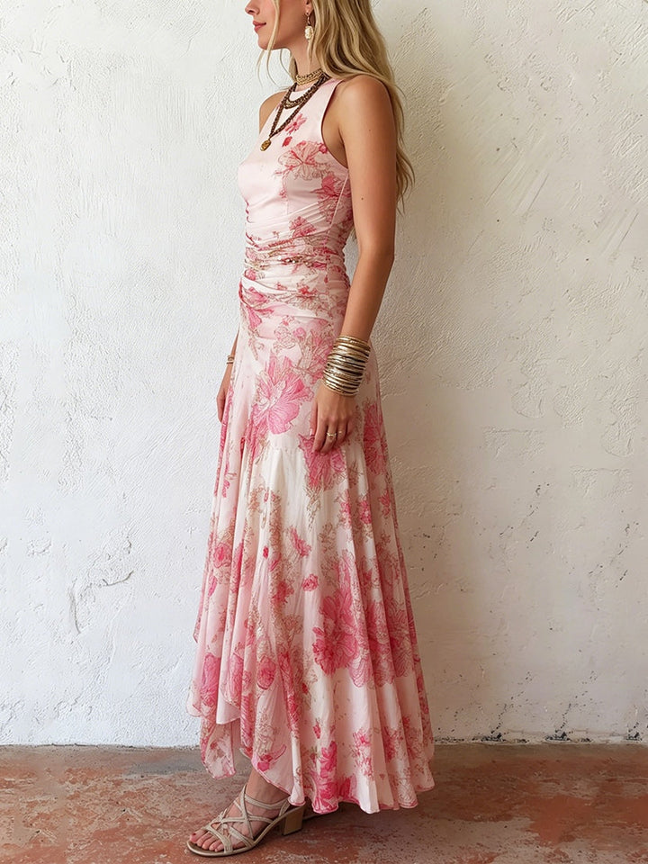 Alexandra - Roze Bloemen Chiffon Geplooide Print Mouwloze Midi Jurk