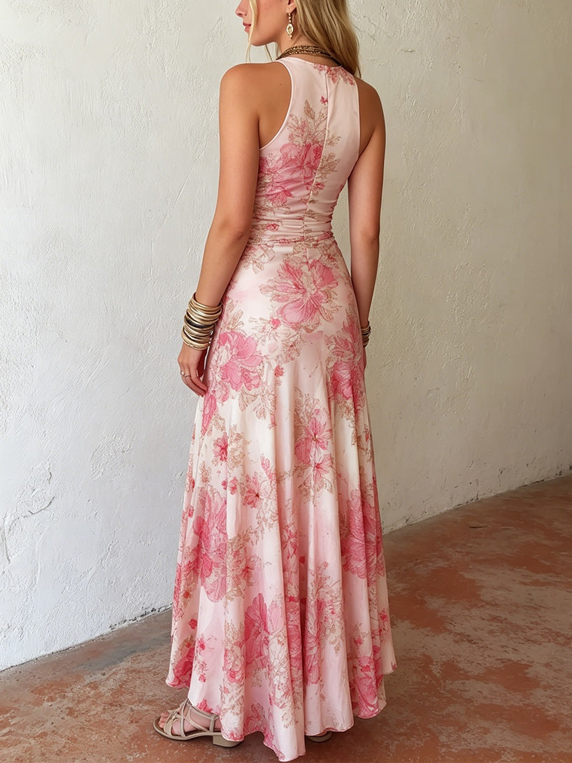 Alexandra - Roze Bloemen Chiffon Geplooide Print Mouwloze Midi Jurk