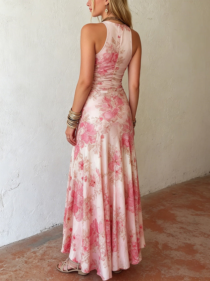 Alexandra - Roze Bloemen Chiffon Geplooide Print Mouwloze Midi Jurk