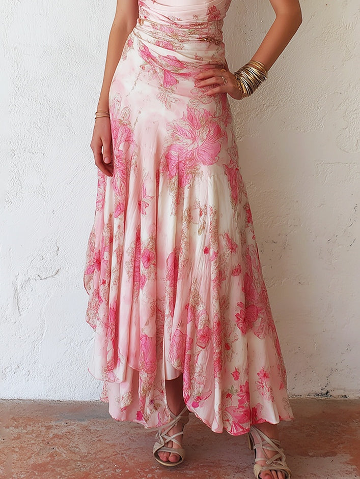 Alexandra - Roze Bloemen Chiffon Geplooide Print Mouwloze Midi Jurk