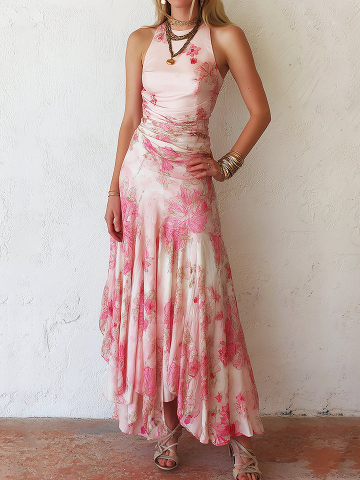 Alexandra - Roze Bloemen Chiffon Geplooide Print Mouwloze Midi Jurk