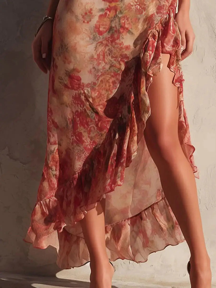 Jamie - Asymmetrische Bloemenjurk met Splits en Ruffles