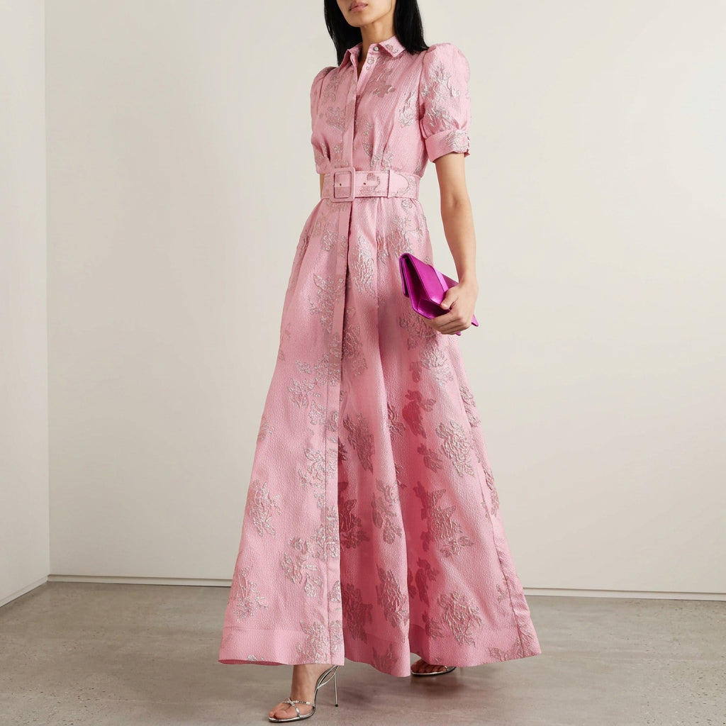 Margaret - Lange Jurk in Bloemenjacquard met Riem