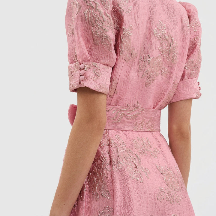 Margaret - Lange Jurk in Bloemenjacquard met Riem