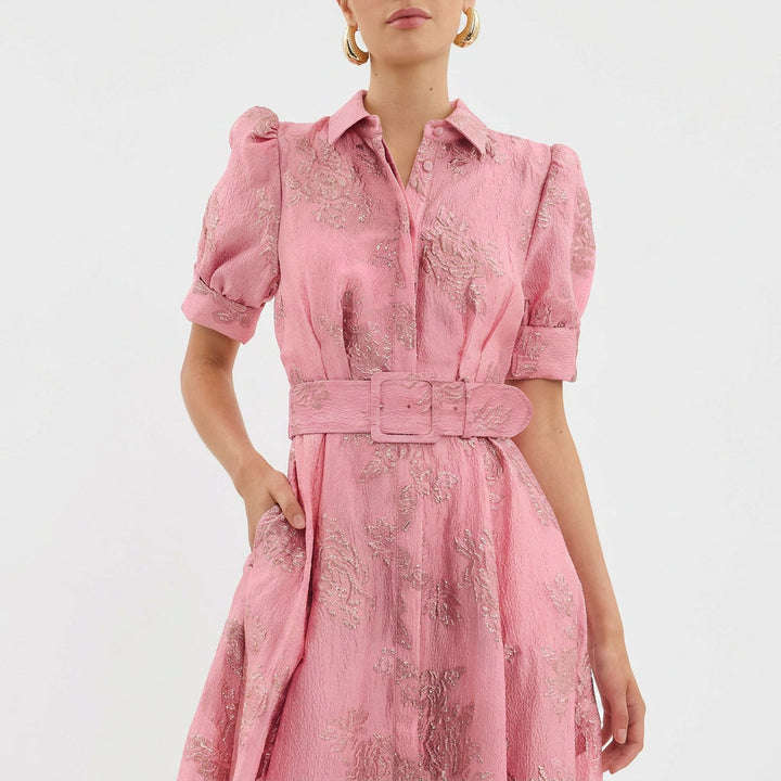 Margaret - Lange Jurk in Bloemenjacquard met Riem