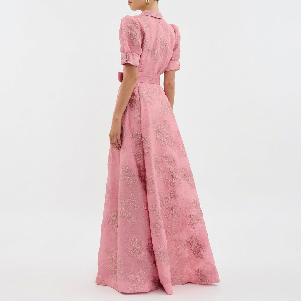 Margaret - Lange Jurk in Bloemenjacquard met Riem