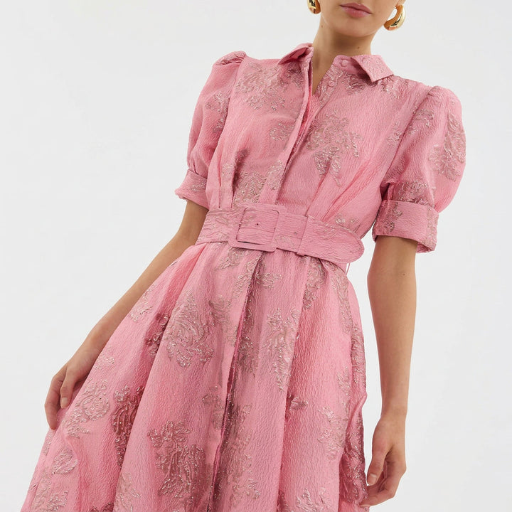 Margaret - Lange Jurk in Bloemenjacquard met Riem
