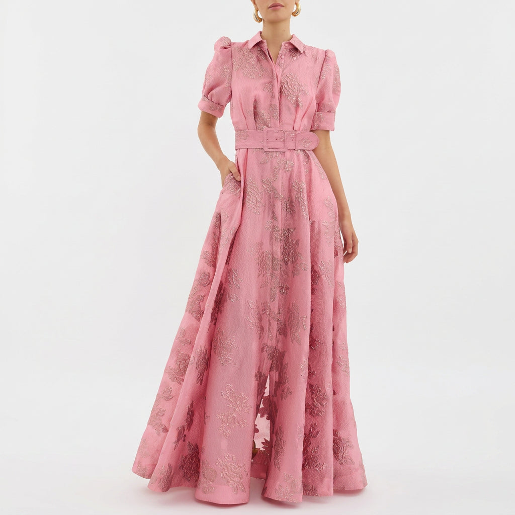 Margaret - Lange Jurk in Bloemenjacquard met Riem