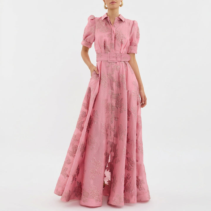 Margaret - Lange Jurk in Bloemenjacquard met Riem