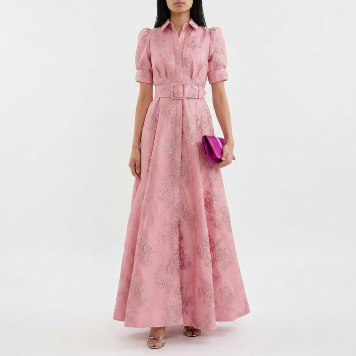 Margaret - Lange Jurk in Bloemenjacquard met Riem