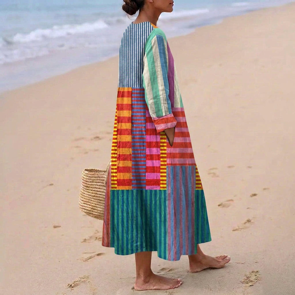 Sarah - Multikleur Lange Jurk in Patchwork
