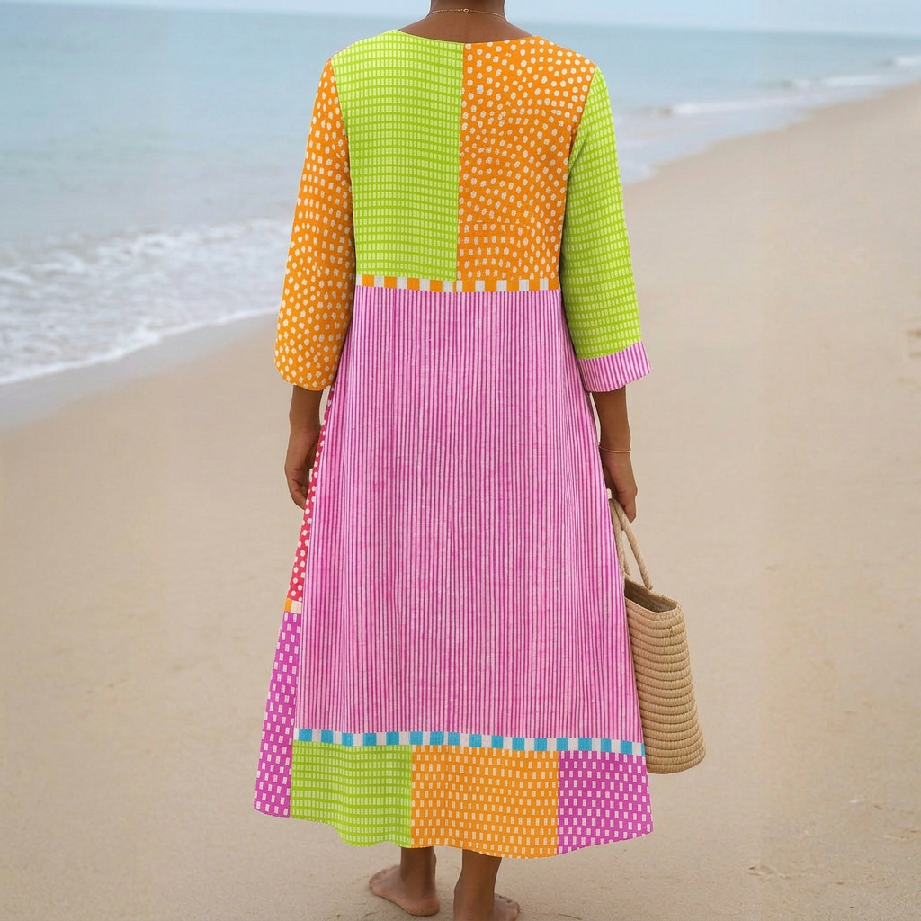 Heather - Kleurrijke Patchwork Jurk met Vlekken en Strepen