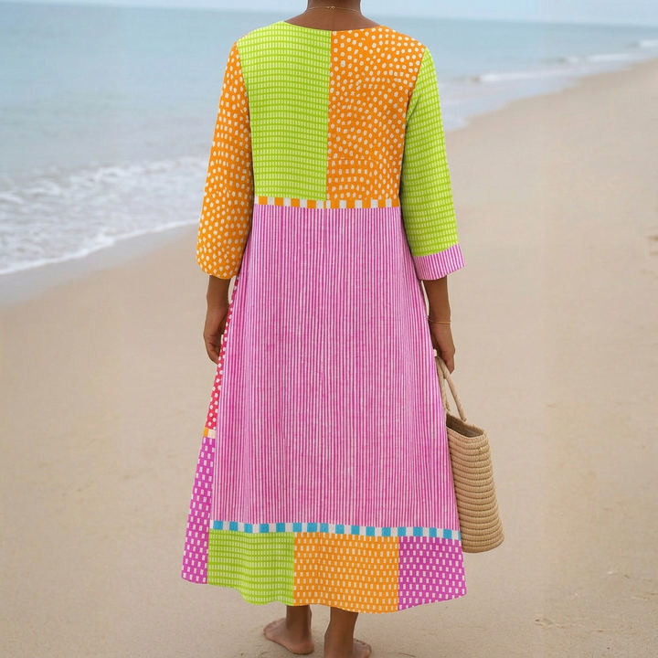Heather - Kleurrijke Patchwork Jurk met Vlekken en Strepen
