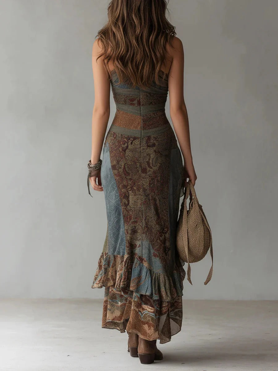 Jessica - Asymmetrische lange jurk met etnisch print en zijsplit