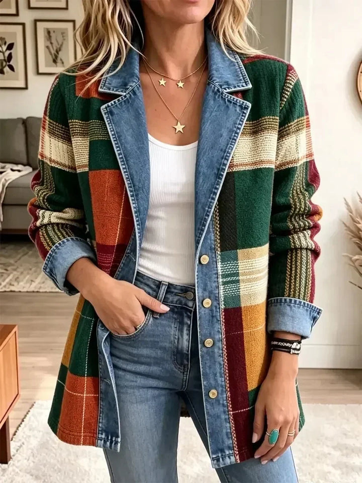 Claire | Retro Ruit Kunst-Print Denim Jas