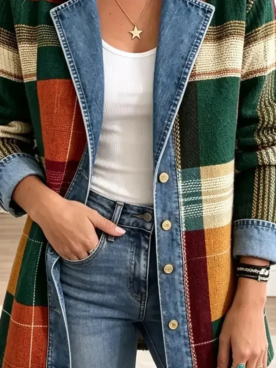 Claire | Retro Ruit Kunst-Print Denim Jas