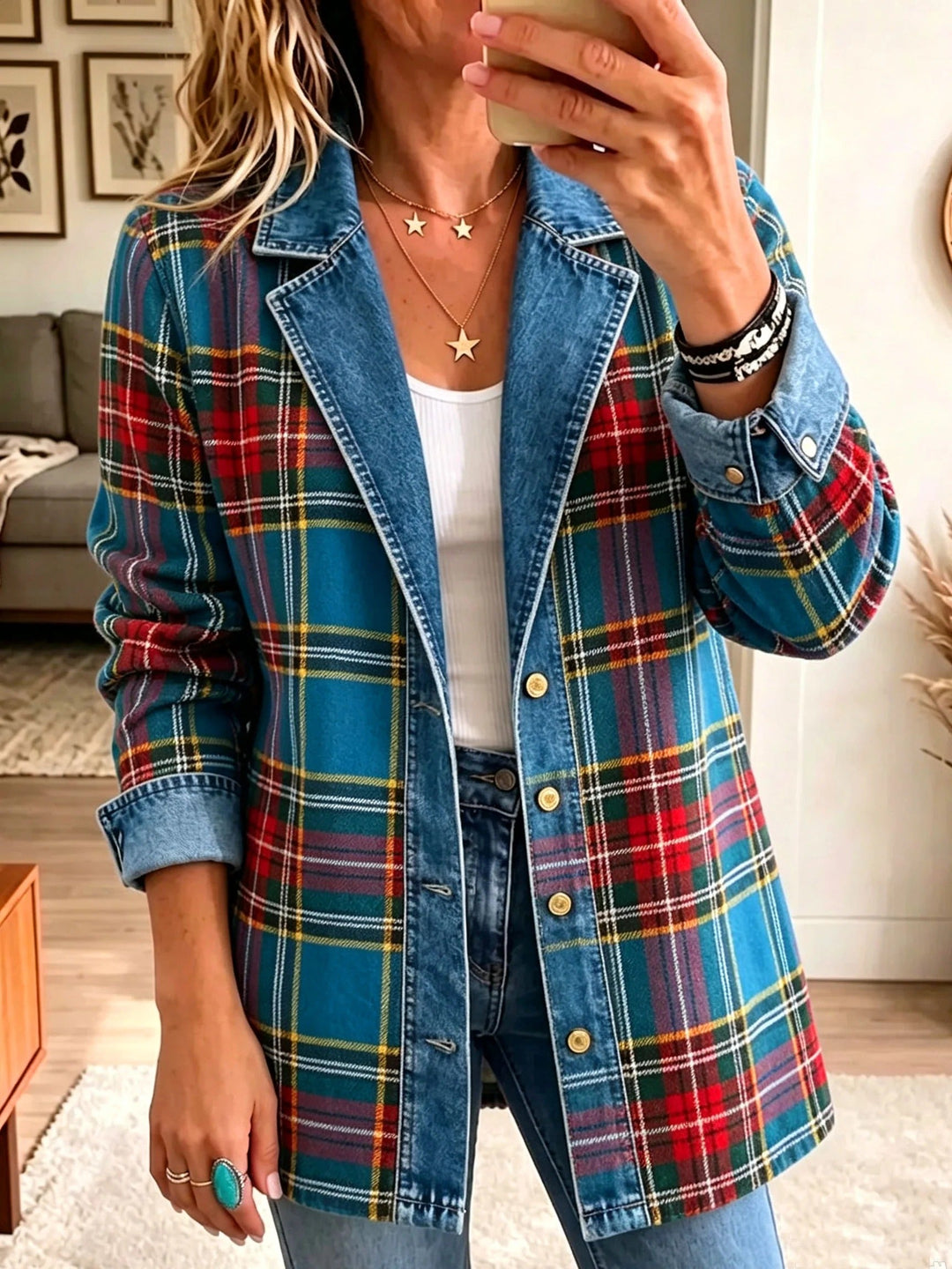Madison | Tartan Patchwork Denim Blazer