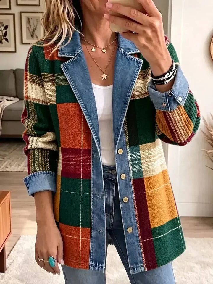 Claire | Retro Ruit Kunst-Print Denim Jas