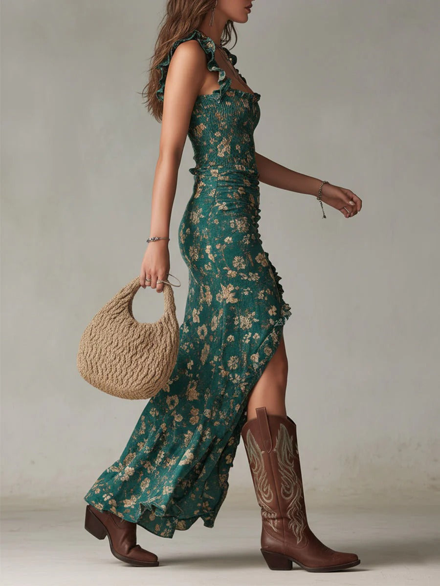 Brielle - Retro Boho Maxi Jurk met Vloeiende Mouwen en Zijsplit