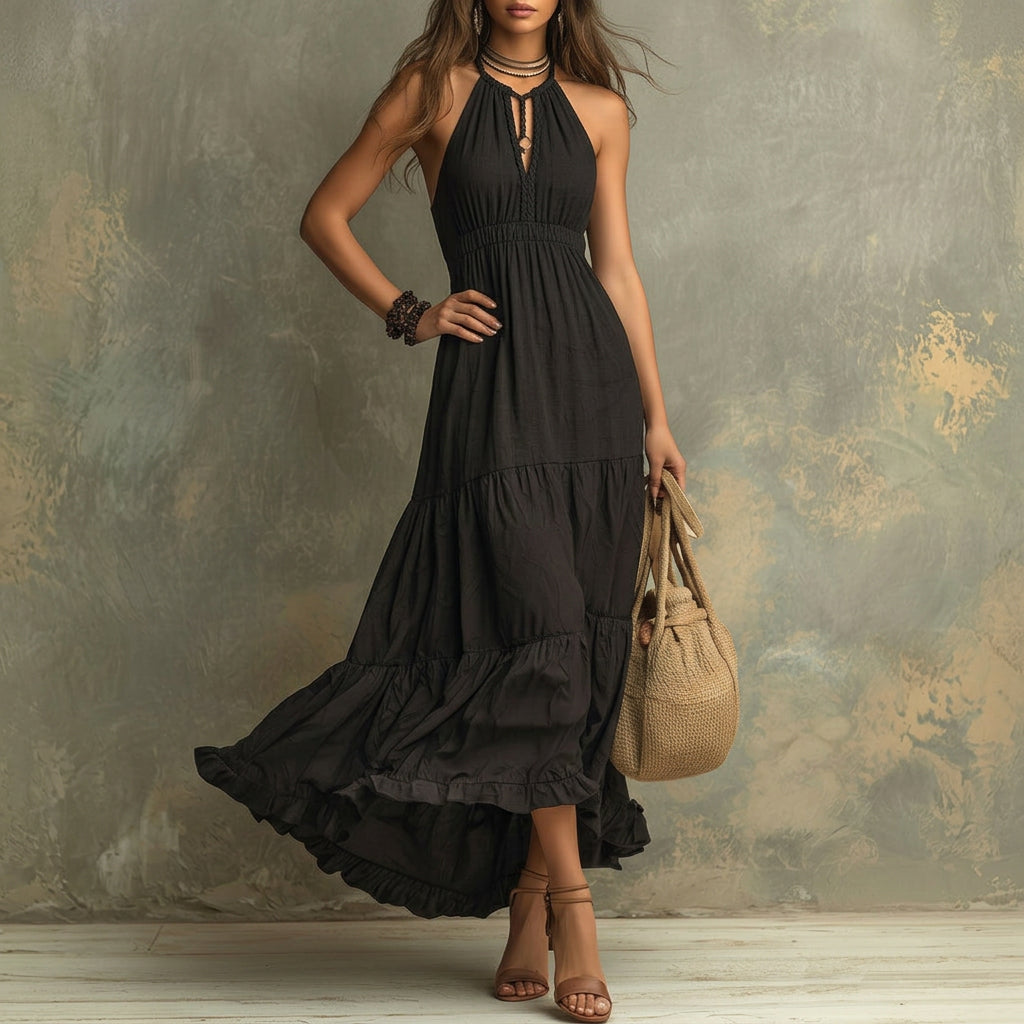 Kate - Zwarte Boheemse Maxi-jurk met Hoge Hals en Ruffles