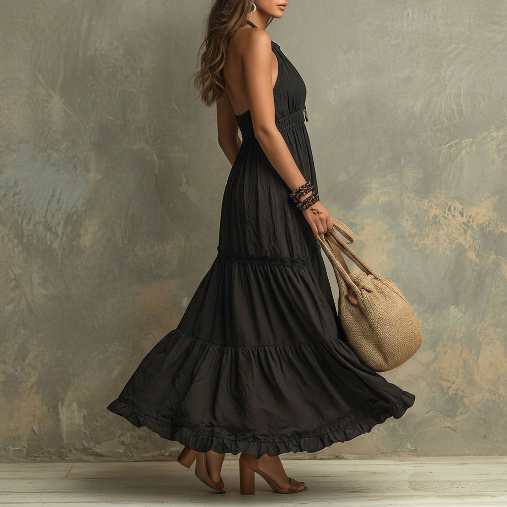 Kate - Zwarte Boheemse Maxi-jurk met Hoge Hals en Ruffles