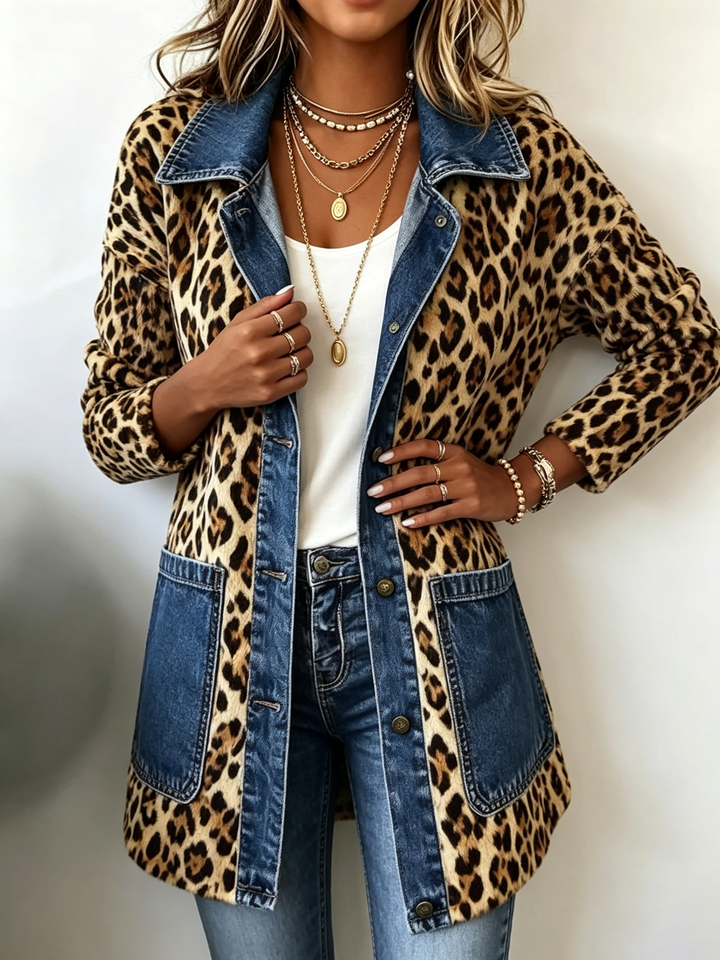Nora | Luipaardprint Denim Paneel Contrast Lange Jas
