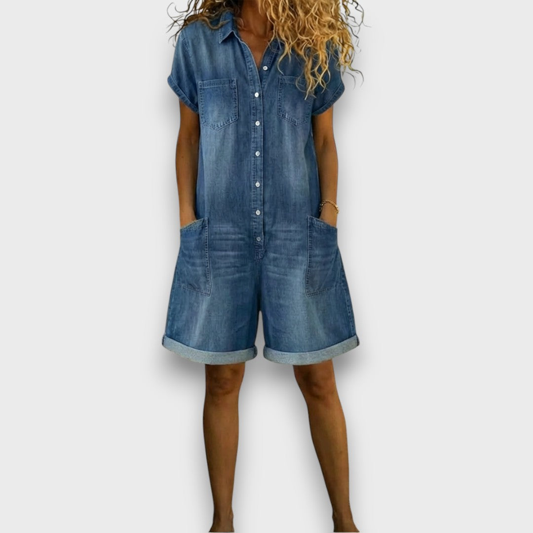 Bella - Vintage Korte Jumpsuit in Katoen met Denim Look
