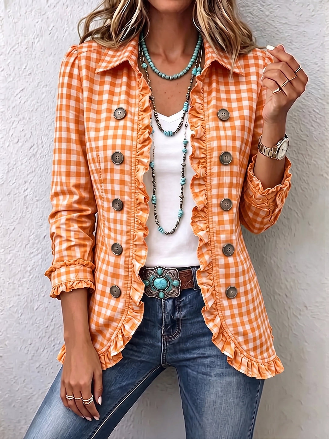 Evelyn | Geruite Ruffled Button-Down Jacket